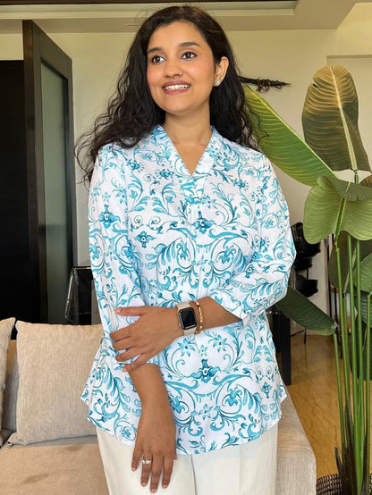 V Neck Short Top- Aqua Jaal