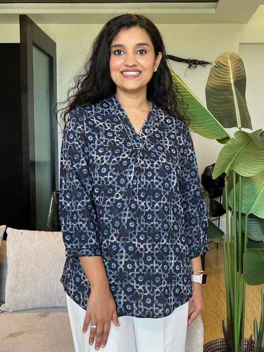 V Neck Short Top- Dark Blue Jaal