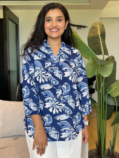 V Neck Short Top- Royal Blue Florals