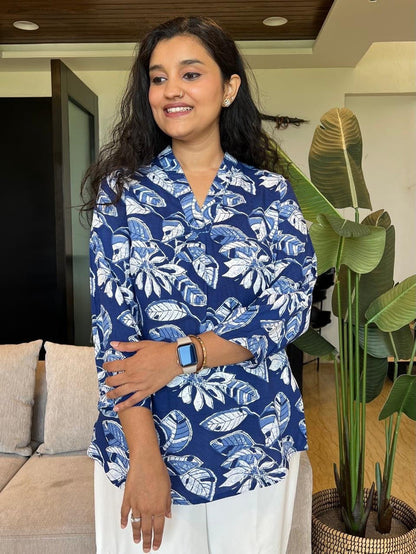 V Neck Short Top- Royal Blue Florals
