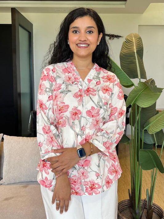 V Neck Short Top- White Pink Florals