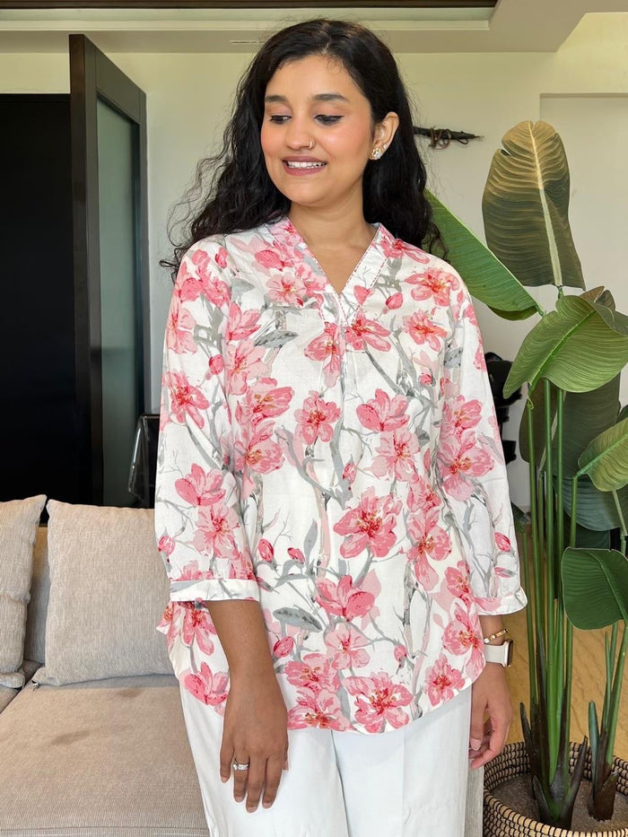 V Neck Short Top- White Pink Florals