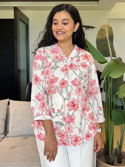 V Neck Short Top- White Pink Florals