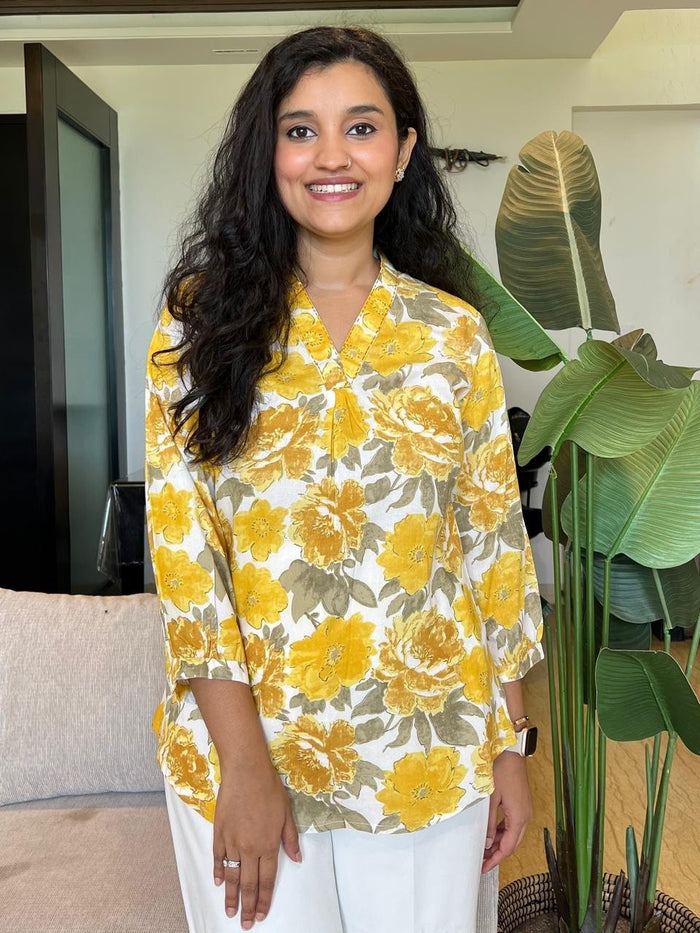 V Neck Short Top- White Yellow Florals