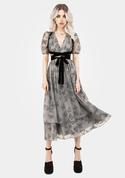 Vanessa Butterfly Print Organza Puff Sleeve Midaxi Dress
