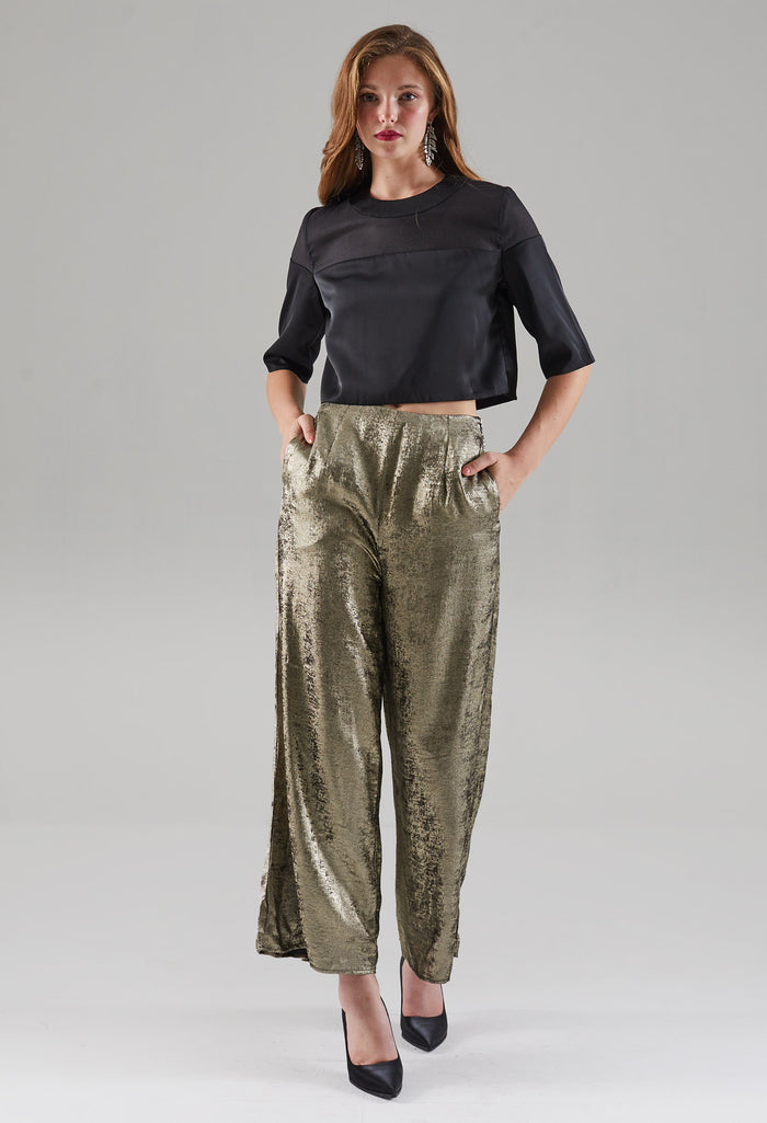 Velvet Glow Textured Wide Leg Trousers