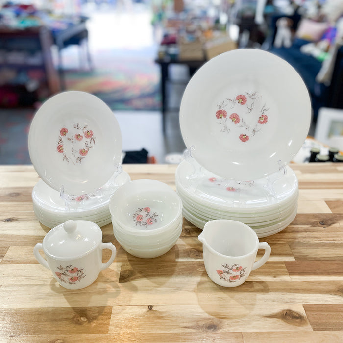 Vintage 1960s MCM Pink Flowers Fire King Milk Glass Dinnerware Set