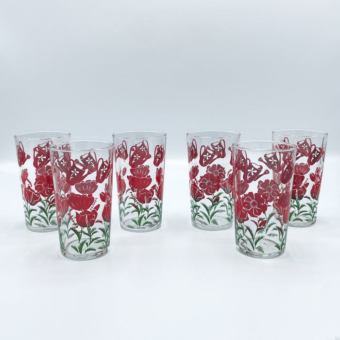Vintage 1960's Mid-Century Glassware Red Poppies Set of 6