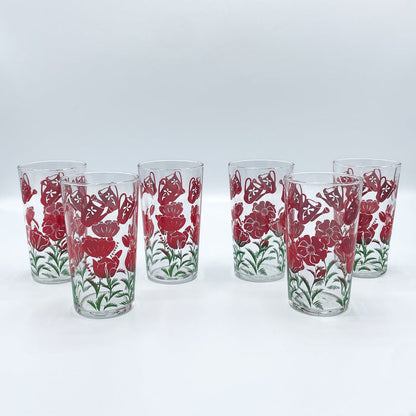 Vintage 1960's Mid-Century Glassware Red Poppies Set of 6