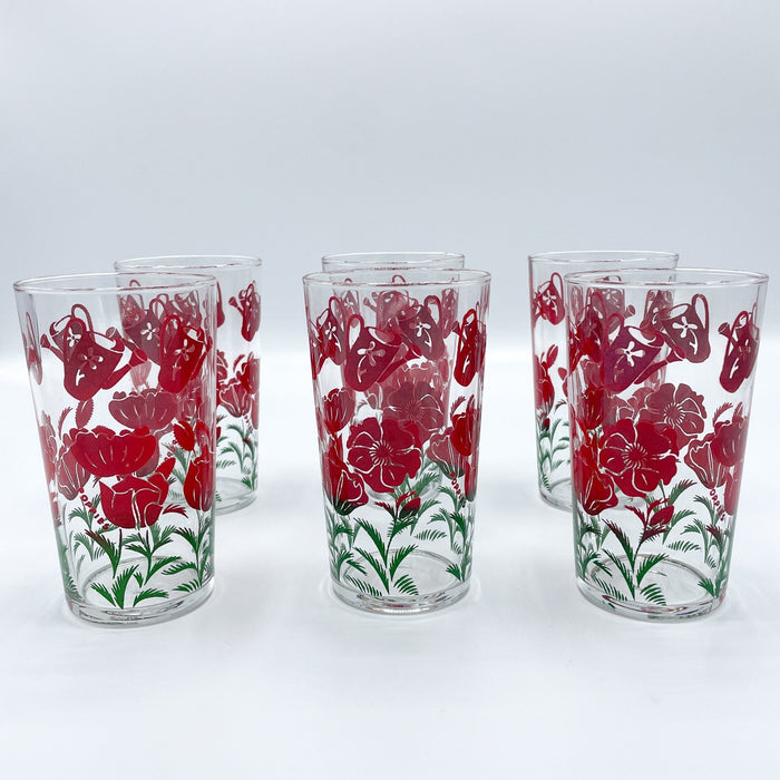 Vintage 1960's Mid-Century Glassware Red Poppies Set of 6