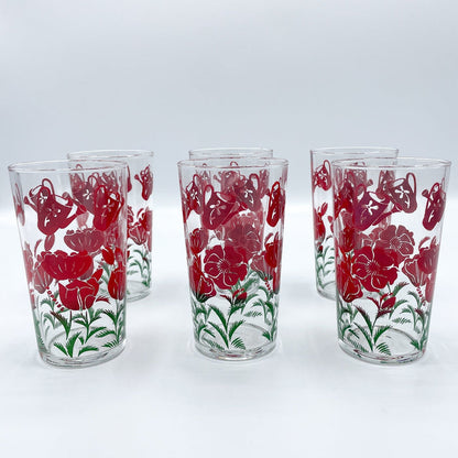 Vintage 1960's Mid-Century Glassware Red Poppies Set of 6