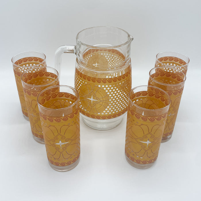 Vintage Mid-Century 1960's 1970's Orange Flower Set of Tumbler Glasses & Pitcher