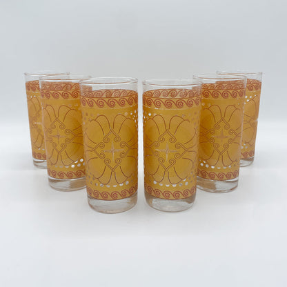 Vintage Mid-Century 1960's 1970's Orange Flower Set of Tumbler Glasses & Pitcher