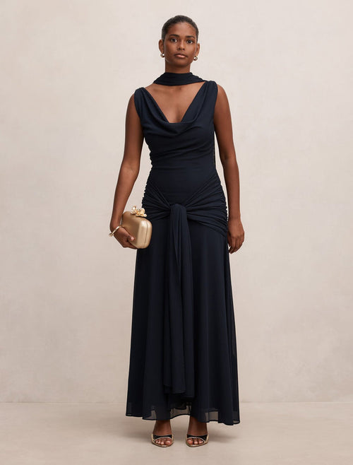 Vivianne Petite Scarf Tie Maxi Dress Navy Forever New