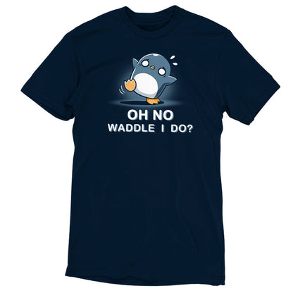 Premium Cotton T-shirt_TeeTurtle Waddle I Do? navy blue t-shirt featuring a penguin with a worried expression standing off-balance.