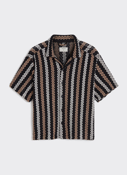 Front view of the Percival Wade Crochet Boxy Shirt in black, featuring textured vertical stripes and a revere collar.
