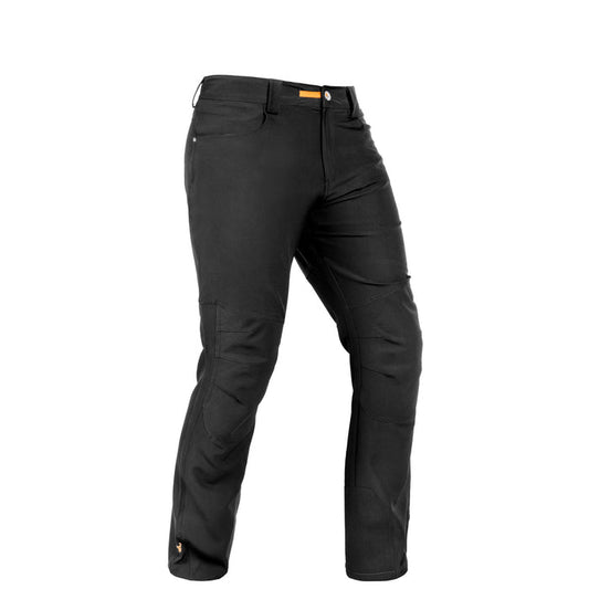 A pair of black Waratah farm pants for men, featuring multiple pockets and a brand logo on the knee.