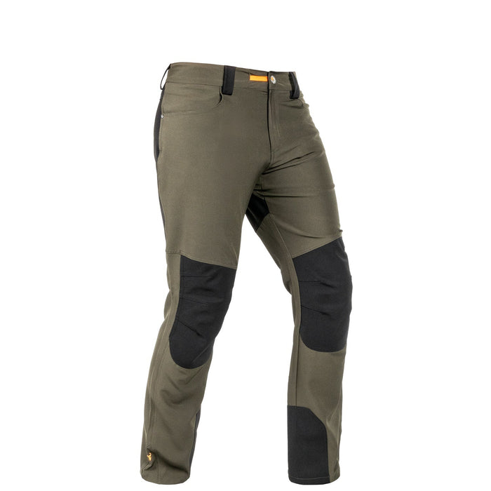 A pair of black Waratah farm pants for men, featuring multiple pockets and a brand logo on the knee.