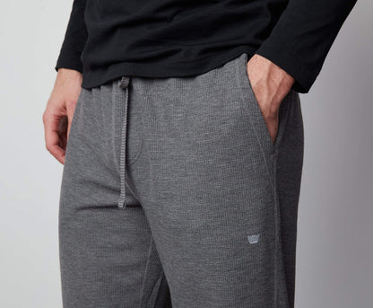 Detailed side view of a man wearing WARMKNIT Pajama Pant in Grey Heather