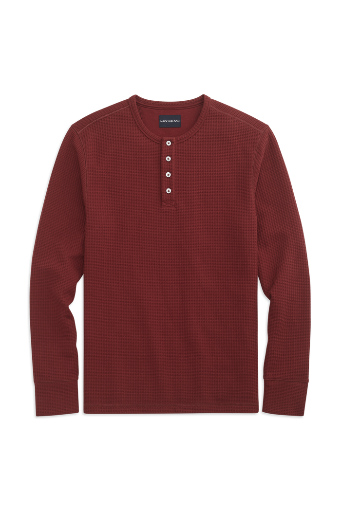 Front view of WARMKNIT  Waffle Henley in Aged Port