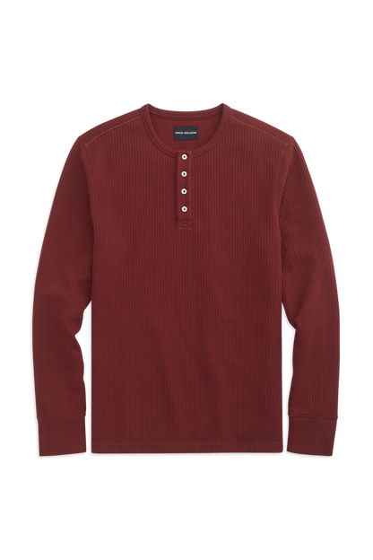 Front view of WARMKNIT  Waffle Henley in Aged Port