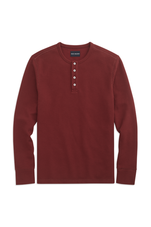 Front view of WARMKNIT  Waffle Henley in Aged Port