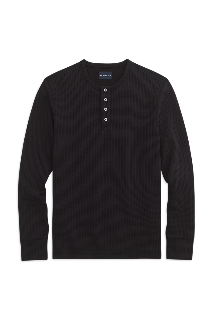 Front view of WARMKNIT  Waffle Henley in True Black