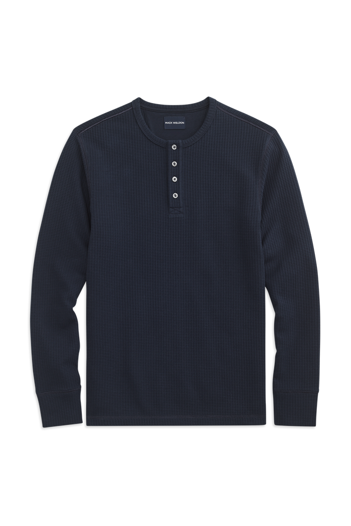 Front view of WARMKNIT  Waffle Henley in Total Eclipse