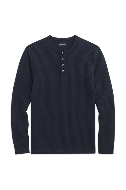 Front view of WARMKNIT  Waffle Henley in Total Eclipse