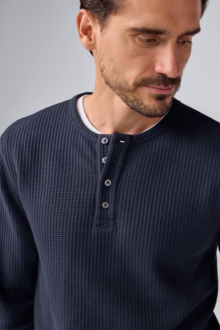 Detailed front view of Warmknit Waffle Long Sleeve Henley in Total Eclipse.
