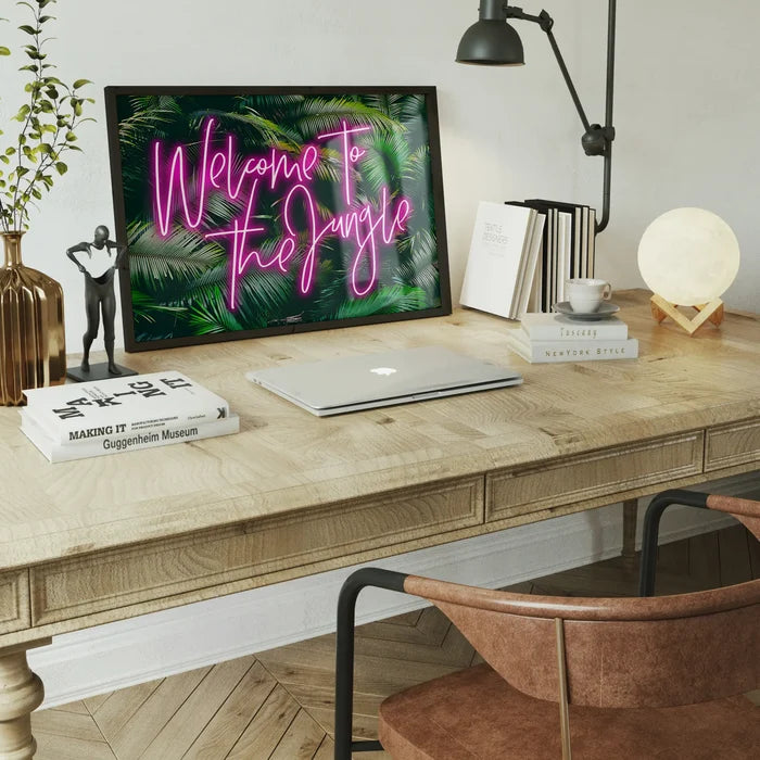 Welcome To The Jungle Tropical Neon Print, typography print framed home office wall art