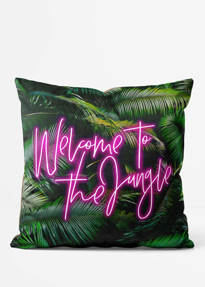 Welcome To The Jungle Tropical Print Cushion, front view in pink and green