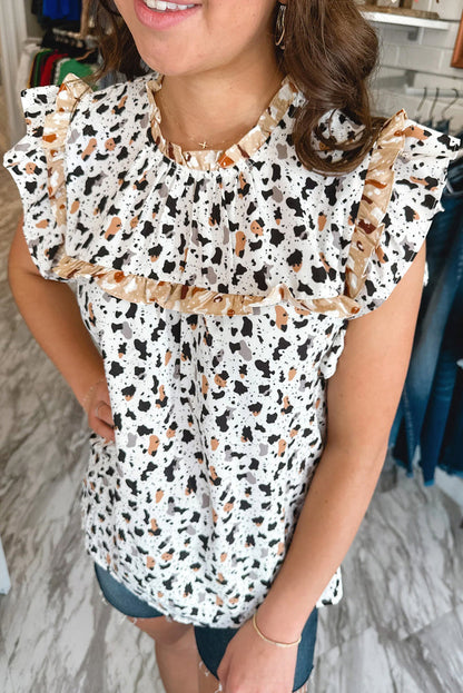 White Frilly Trim Leopard Animal Spots Blouse - Tops/Blouses & Shirts
