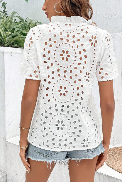 White Geometric Embroidery Hollow Out Blouse - Tops/Blouses & Shirts