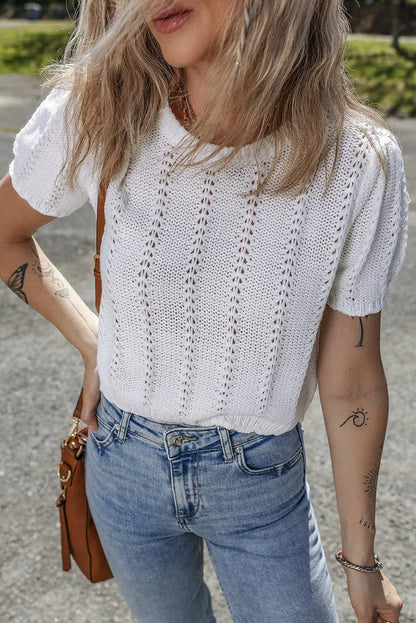 White Pointelle Knit Short Puff Sleeve Crewneck Sweater - S / 100% Acrylic - Sweaters & Cardigans/Short