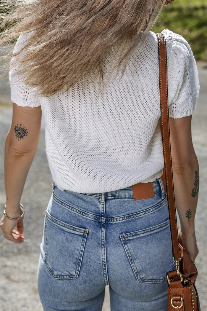 White Pointelle Knit Short Puff Sleeve Crewneck Sweater - Sweaters & Cardigans/Short