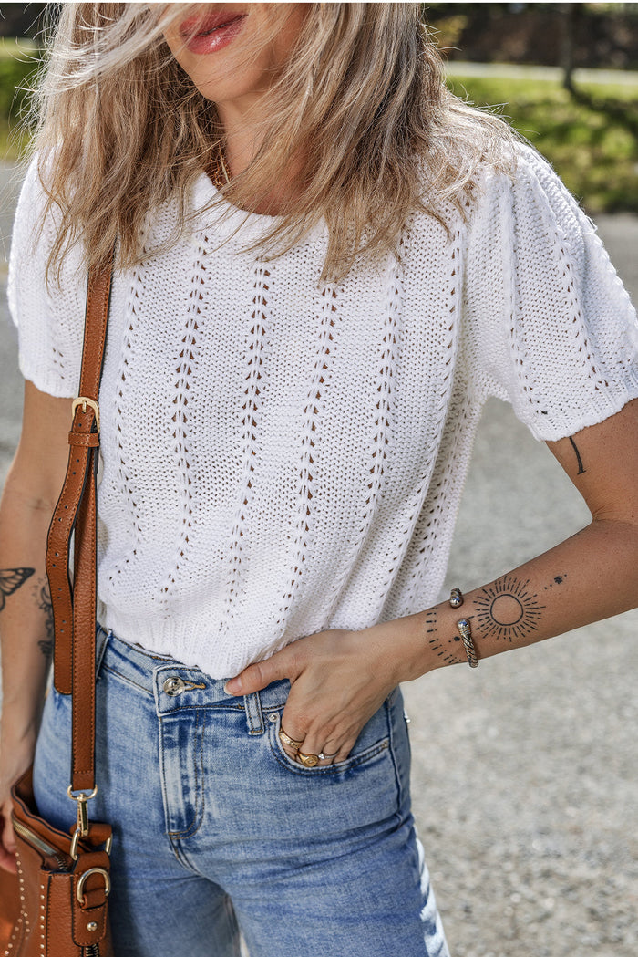 White Pointelle Knit Short Puff Sleeve Crewneck Sweater - Sweaters & Cardigans/Short