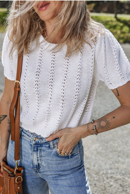 White Pointelle Knit Short Puff Sleeve Crewneck Sweater - Sweaters & Cardigans/Short