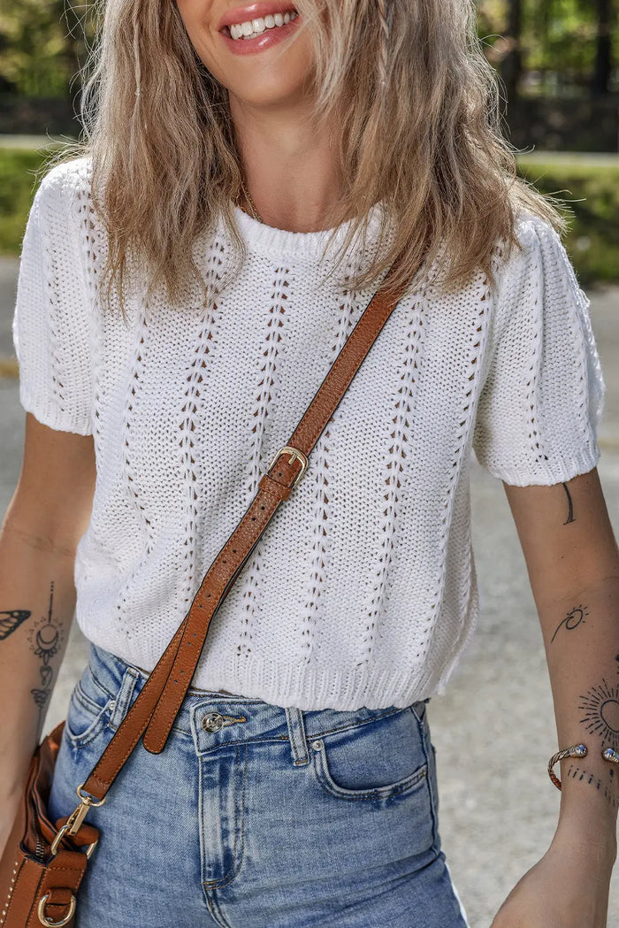 White Pointelle Knit Short Puff Sleeve Crewneck Sweater - Sweaters & Cardigans/Short