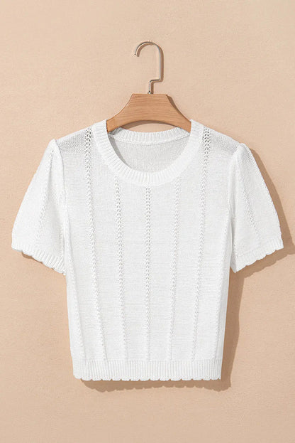 White Pointelle Knit Short Puff Sleeve Crewneck Sweater - Sweaters & Cardigans/Short