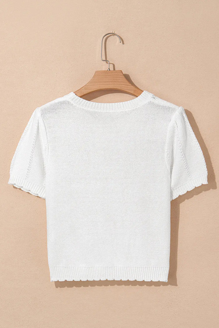 White Pointelle Knit Short Puff Sleeve Crewneck Sweater - Sweaters & Cardigans/Short