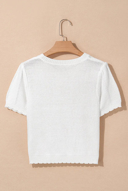 White Pointelle Knit Short Puff Sleeve Crewneck Sweater - Sweaters & Cardigans/Short