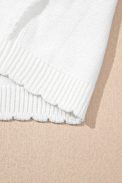 White Pointelle Knit Short Puff Sleeve Crewneck Sweater - Sweaters & Cardigans/Short