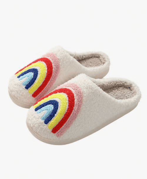 White Rainbow Knit Fluffy Slippers