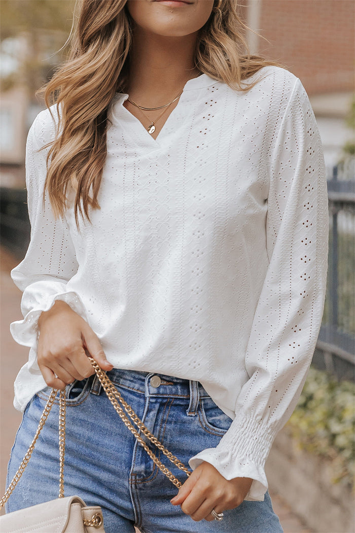 White Split Neck Textured Loose Blouse - WHITE / S / 95% POLYESTER + 5% ELASTANE - Tops/Blouses & Shirts