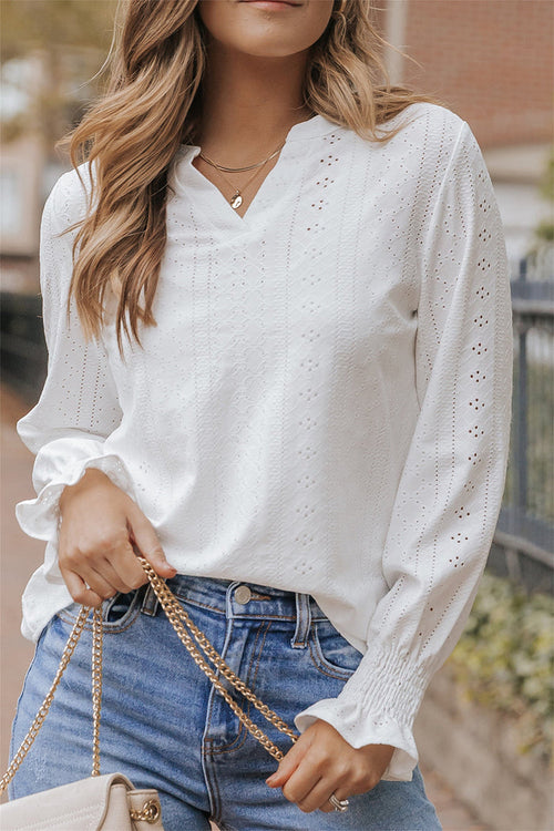 White Split Neck Textured Loose Blouse - WHITE / S / 95% POLYESTER + 5% ELASTANE - Tops/Blouses & Shirts