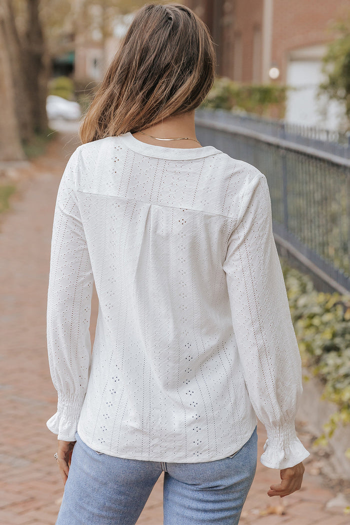 White Split Neck Textured Loose Blouse - Tops/Blouses & Shirts