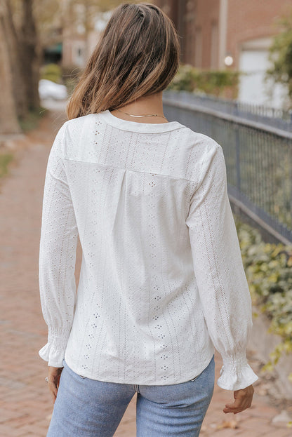 White Split Neck Textured Loose Blouse - Tops/Blouses & Shirts