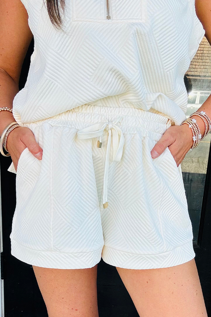 White Textured Half Zip Tank Top Drawstring Shorts Set - Two Piece Sets/Short Sets