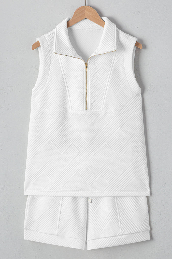White Textured Half Zip Tank Top Drawstring Shorts Set - Two Piece Sets/Short Sets